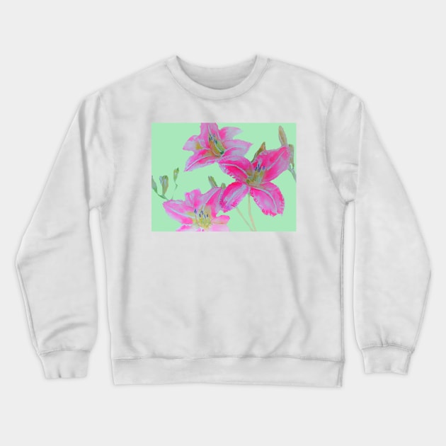 Pink Lily Flowers floral Watercolor Painting Mint Green Crewneck Sweatshirt by SarahRajkotwala